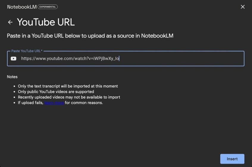 Uploading a video source to NotebookLM using URL