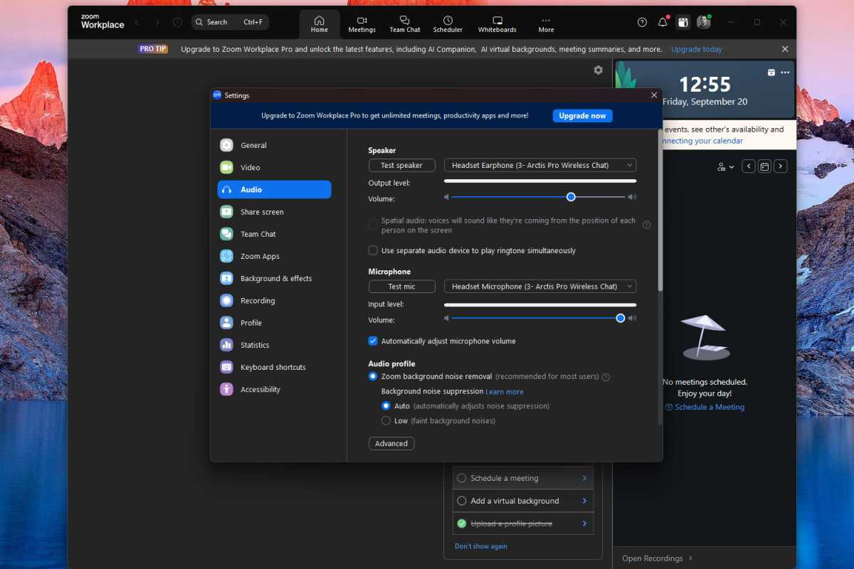 Zoom settings for adjusting audio microphone sound screenshot