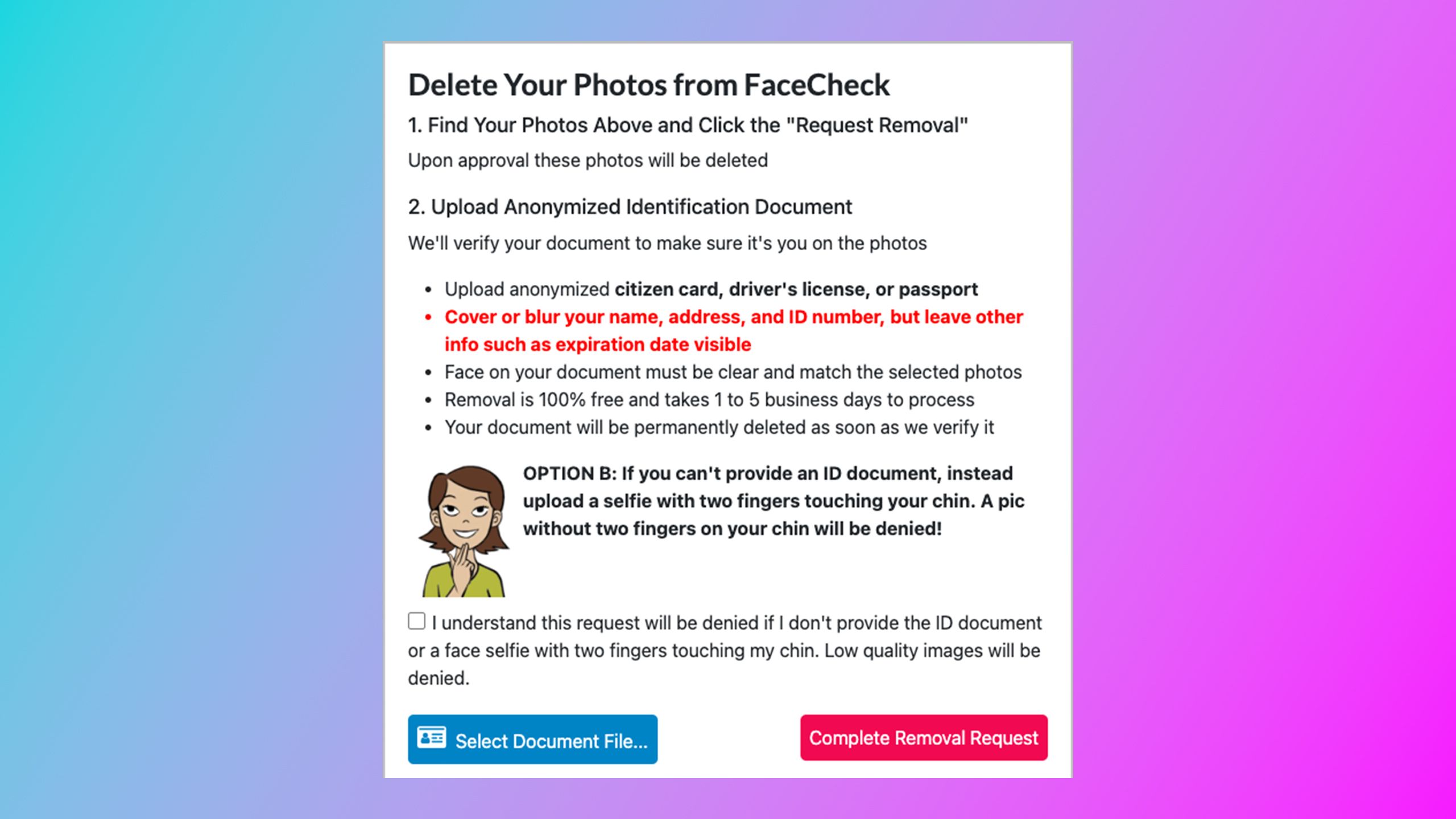 Instructions to remove photos from FaceCheck website