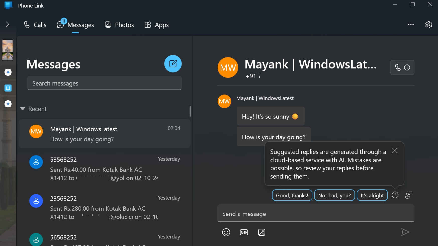 Microsoft Phone Link AI suggested replies
