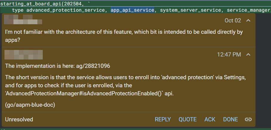 Comment explaining what Android Advanced Protection Mode does