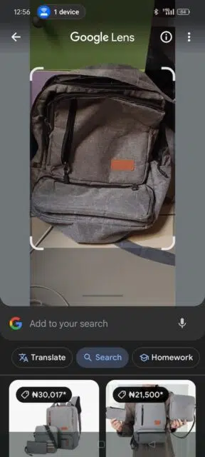 Backpack product price results after using Google Lens to search