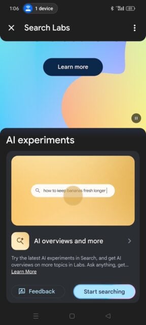 AI Overviews and more experiment on Google app