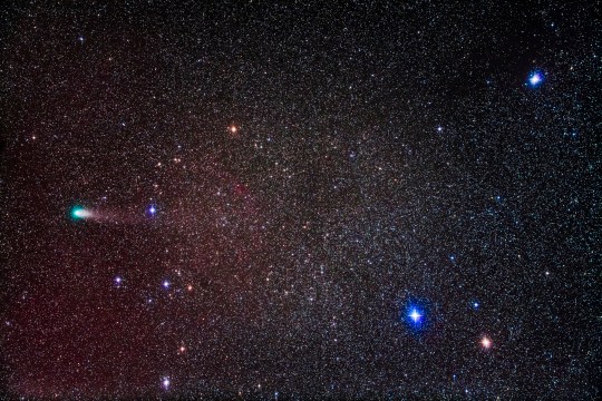 Bright lights in the night sky where stars, planets and comets are visible.