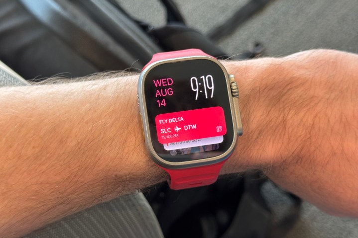 A boarding pass on an Apple Watch Ultra 2.