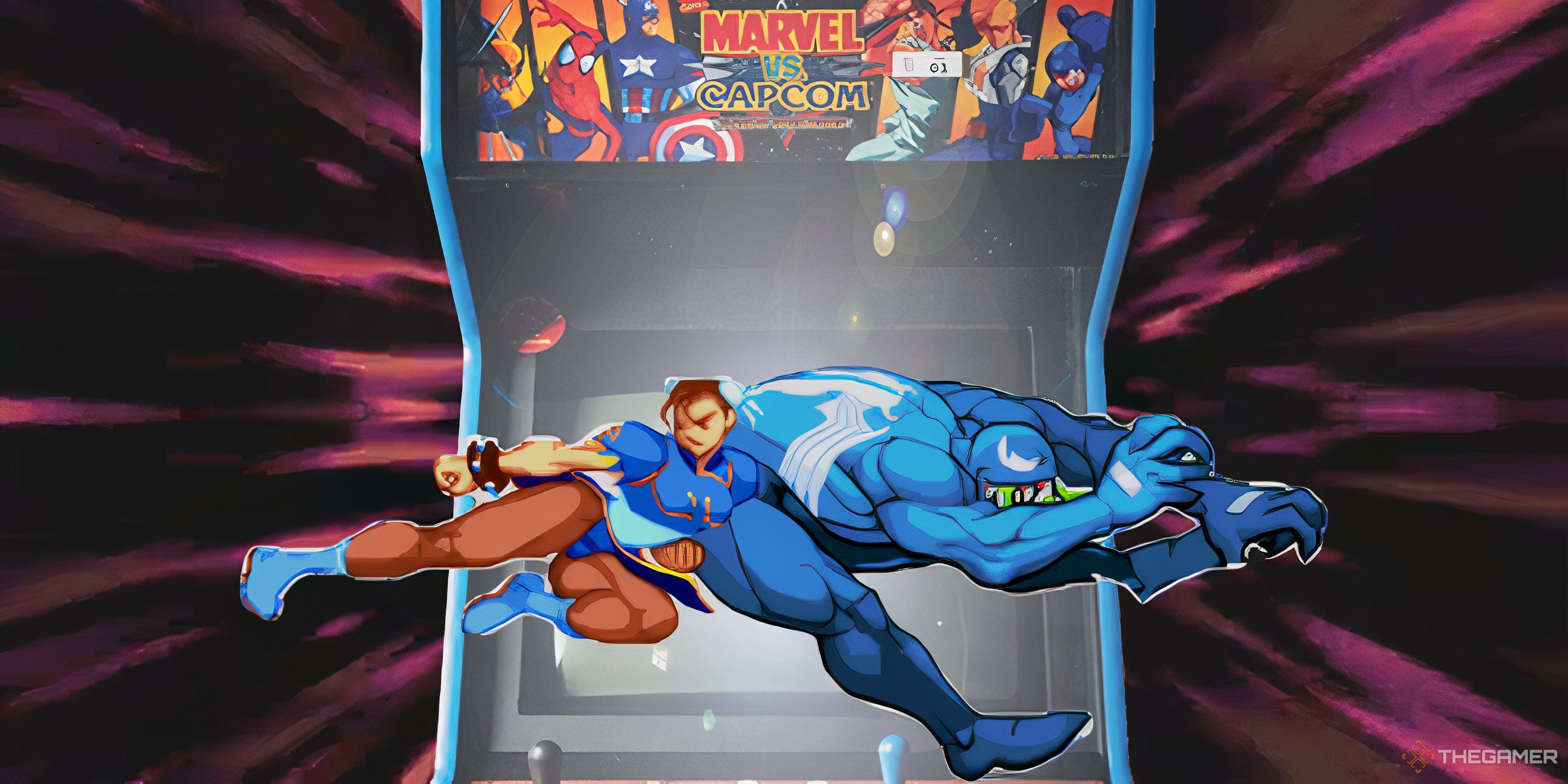 Chun-Li kicks through Venom as the two explode out of an old-school Marvel Vs. Capcom arcade cabinet.