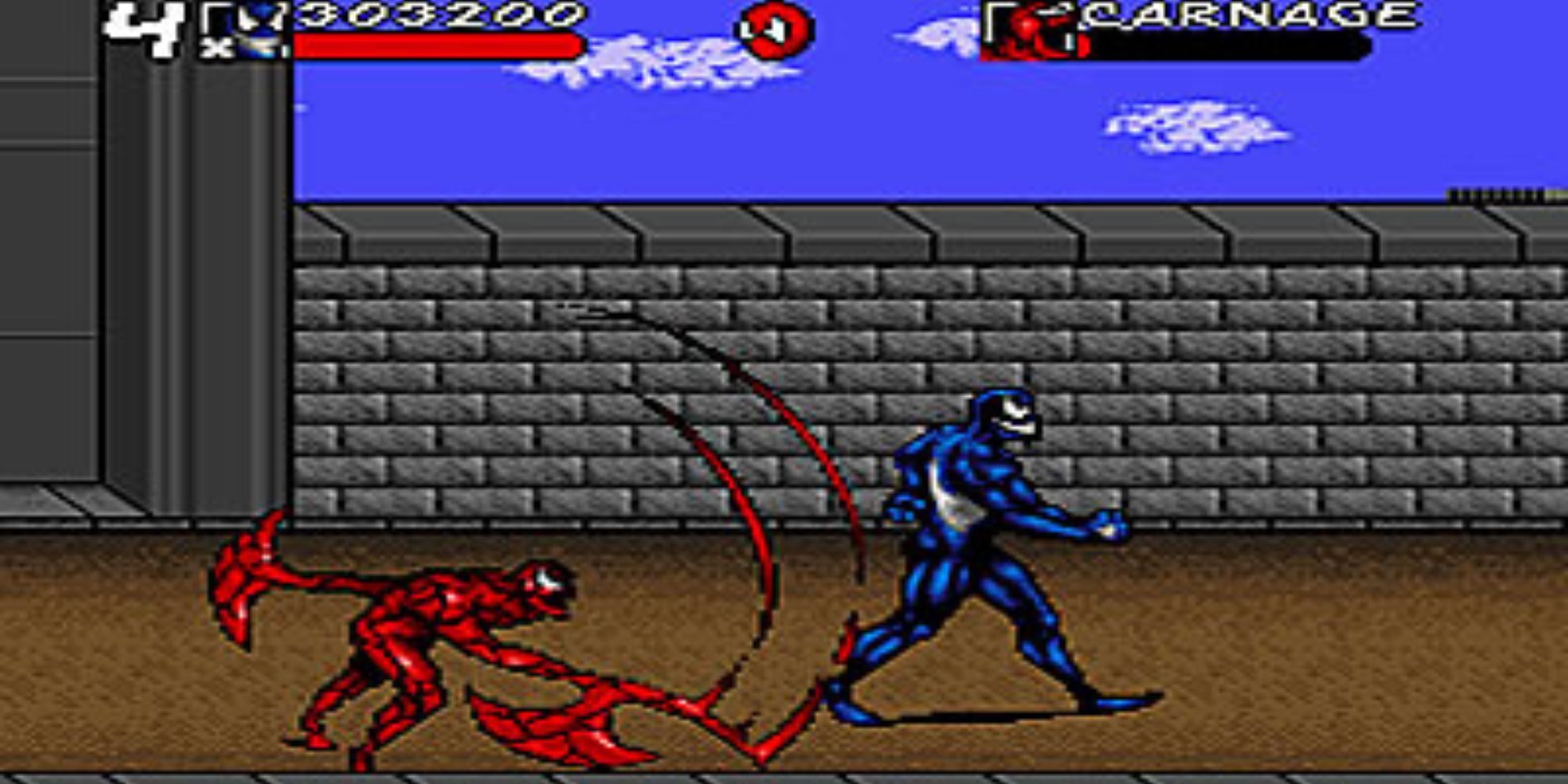 Venom walks down the street while Carnage attacks from behind in Spider-Man and Venom Maximum Carnage