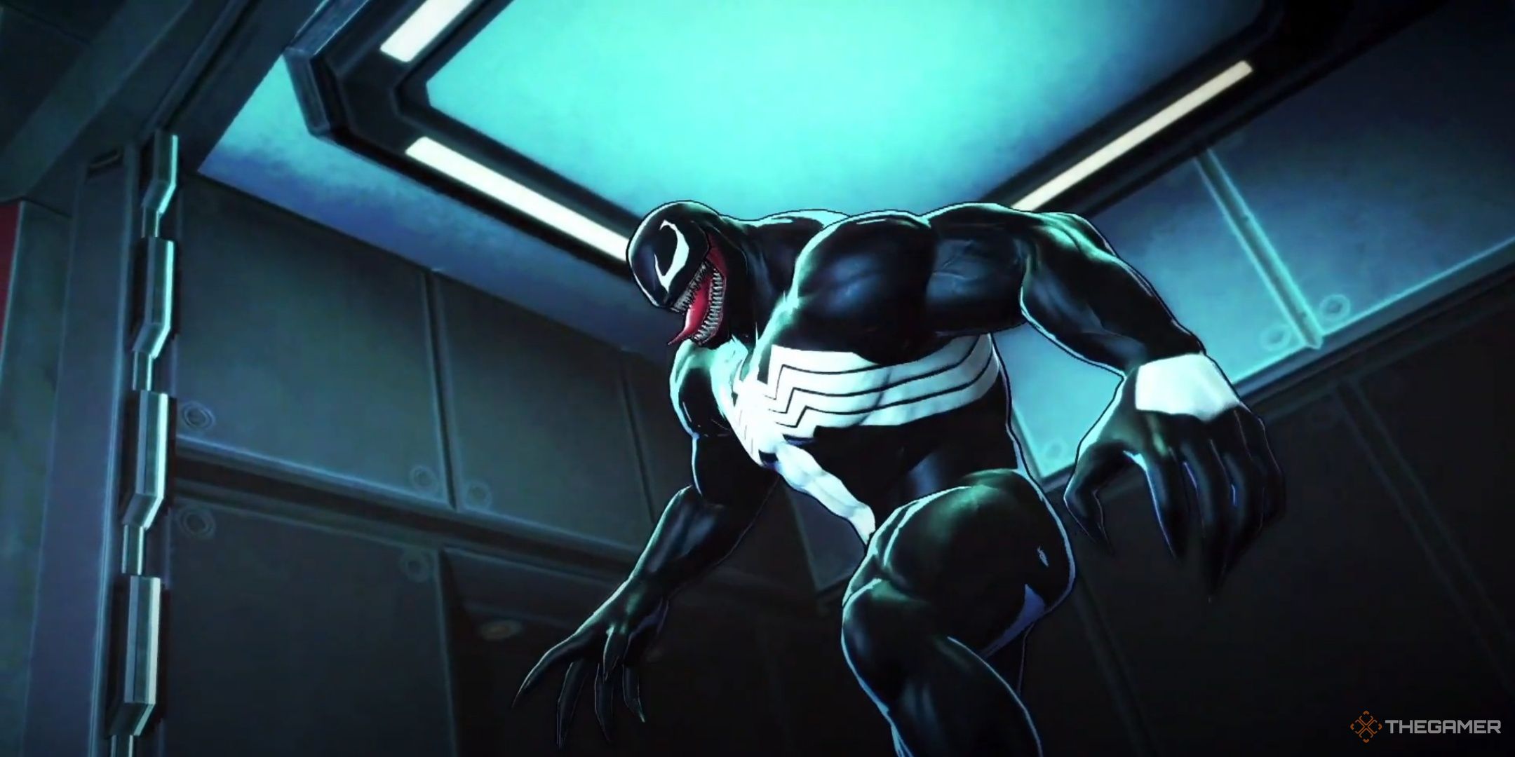 Venom emerges from the elevator in Marvel Ultimate Alliance 3.