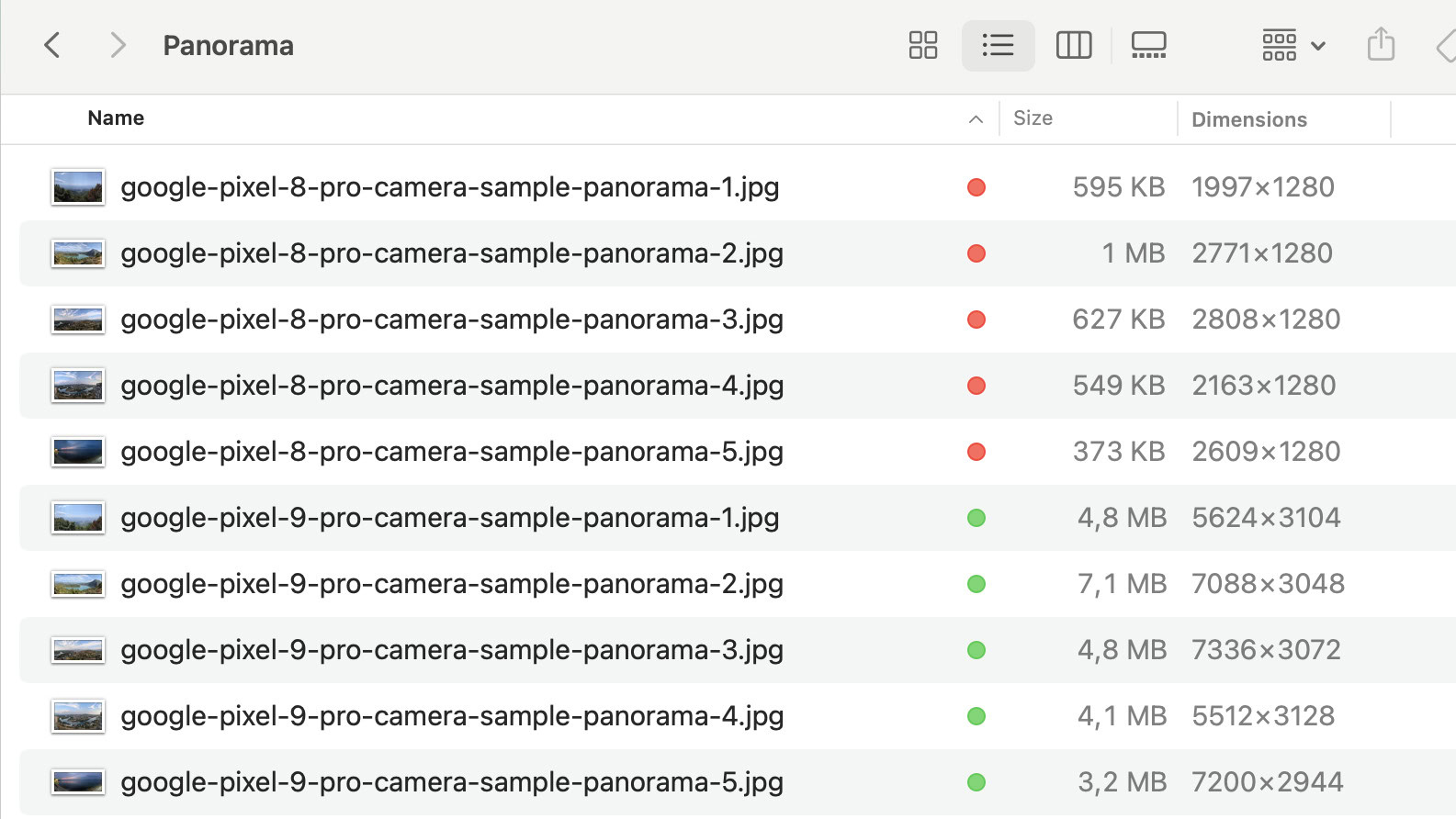 google pixel 8 pro vs 9 pro panorama mode file size dimensions