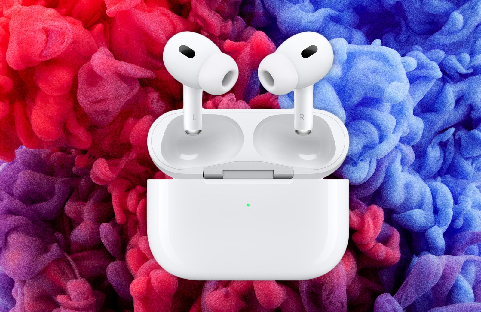 White earbuds floating above a white opened ovalshaped case. Decorative background red pink and blue smoke clouds.