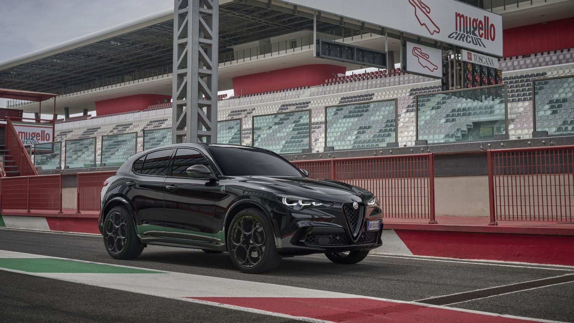 Front 3/4 shot of a parked 2024 Alfa Romeo Stelvio Quadrifoglio