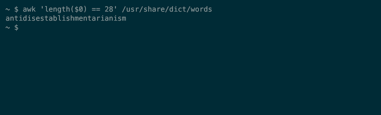 The output from an awk command showing the longest word from the dictionary file.