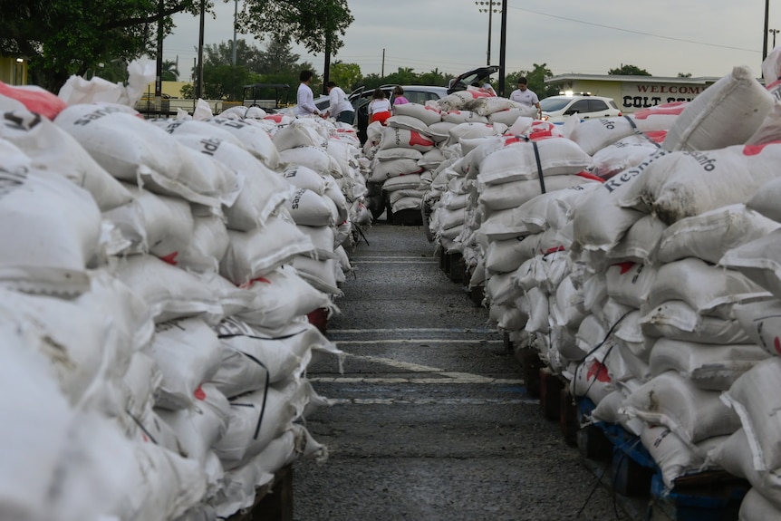 Two tall rows of stacked sandbags in a car park.