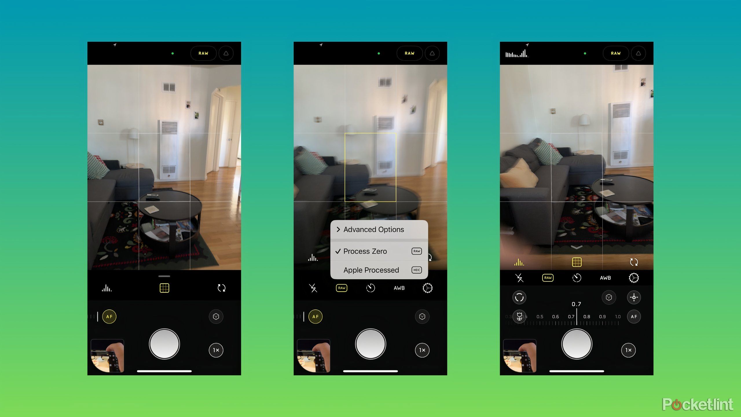 The main camera interface of Halide with processing options visible in the center, and focus settings on the right.