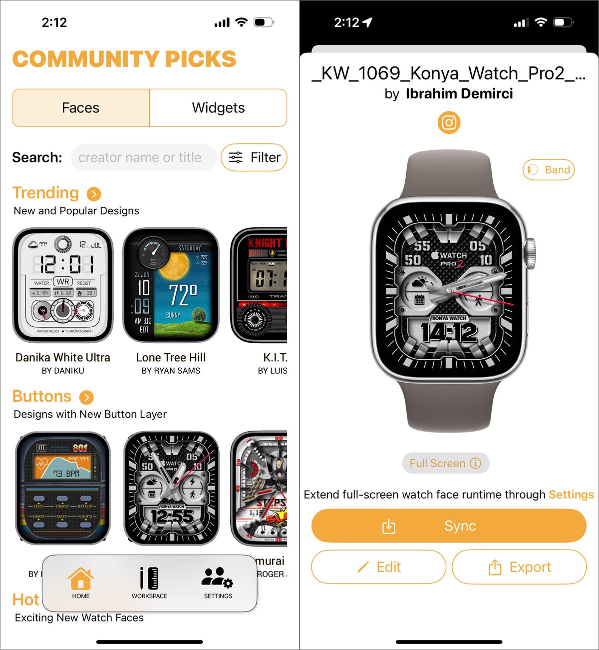 Two iPhone screenshots of the Clockology app. At left is an assortment of Apple Watch faces to choose from. At right is an Apple Watch showing a selected face with mechanical-looking pieces.