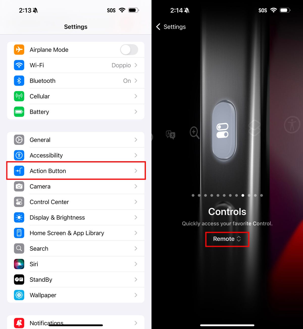 iOS 18 screenshots of the Settings app. At left the Action Button item is highlighted with a red box. At right is the Action Button setting showing the choice of assigning the Remote control from Control Center.