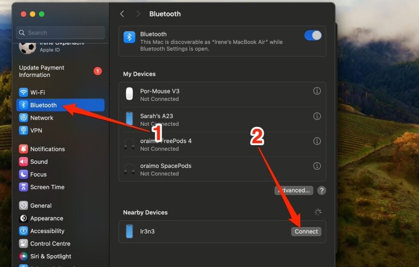 Connecting to a nearby device in MacBook Bluetooth menu