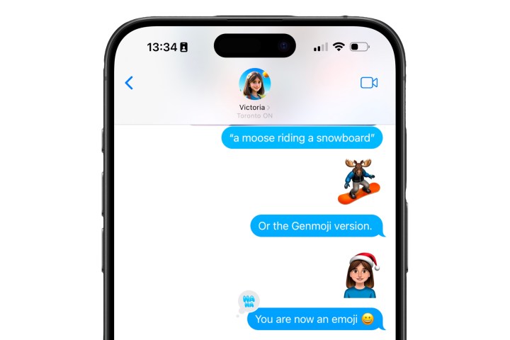 An iPhone showing a conversation in Messages using Genmoji.