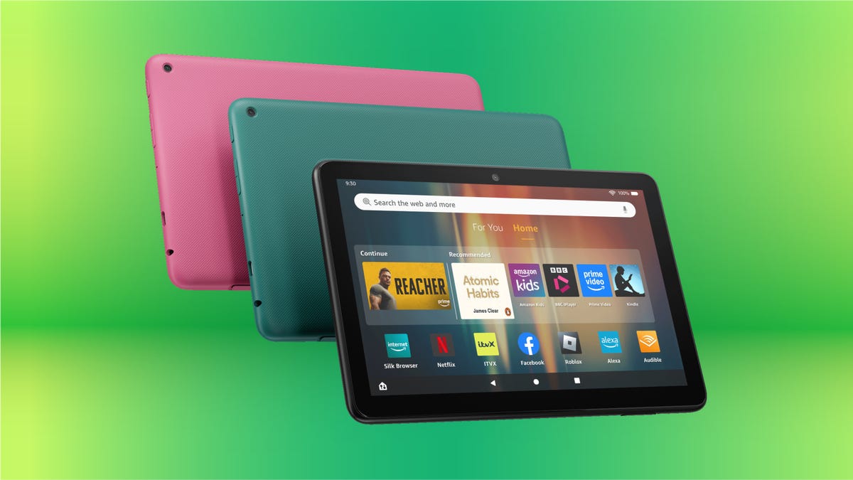 Amazon Fire HD 8 tablet black, emerald, hibiscus models on green gradient background