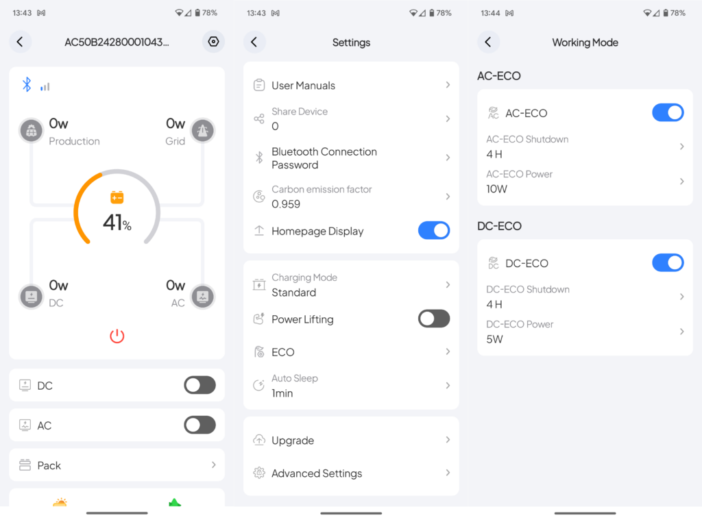 Collage of Android screenshots from the Bluetti app, showing the power station status, its settings page, and detailed settings for ECO mode operation