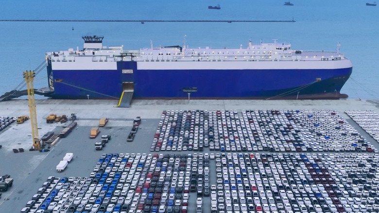 RORO ship unloading cars