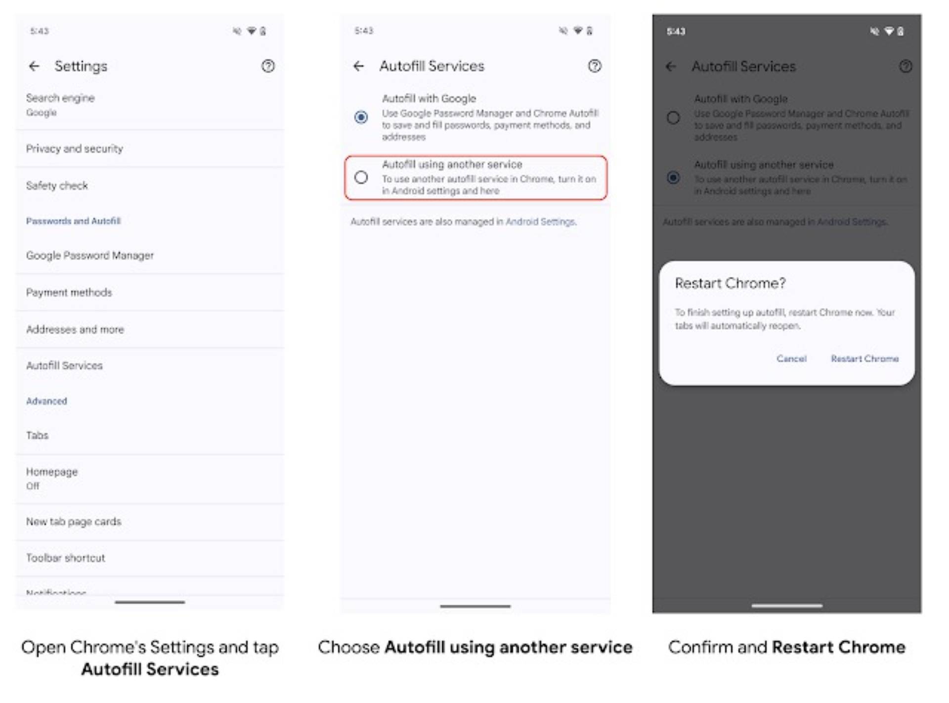 Chrome Autofill Services settings screenshot