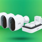 The Arlo Pro 5S indoor/outdoor security camera bundle is displayed against a gradient green background.