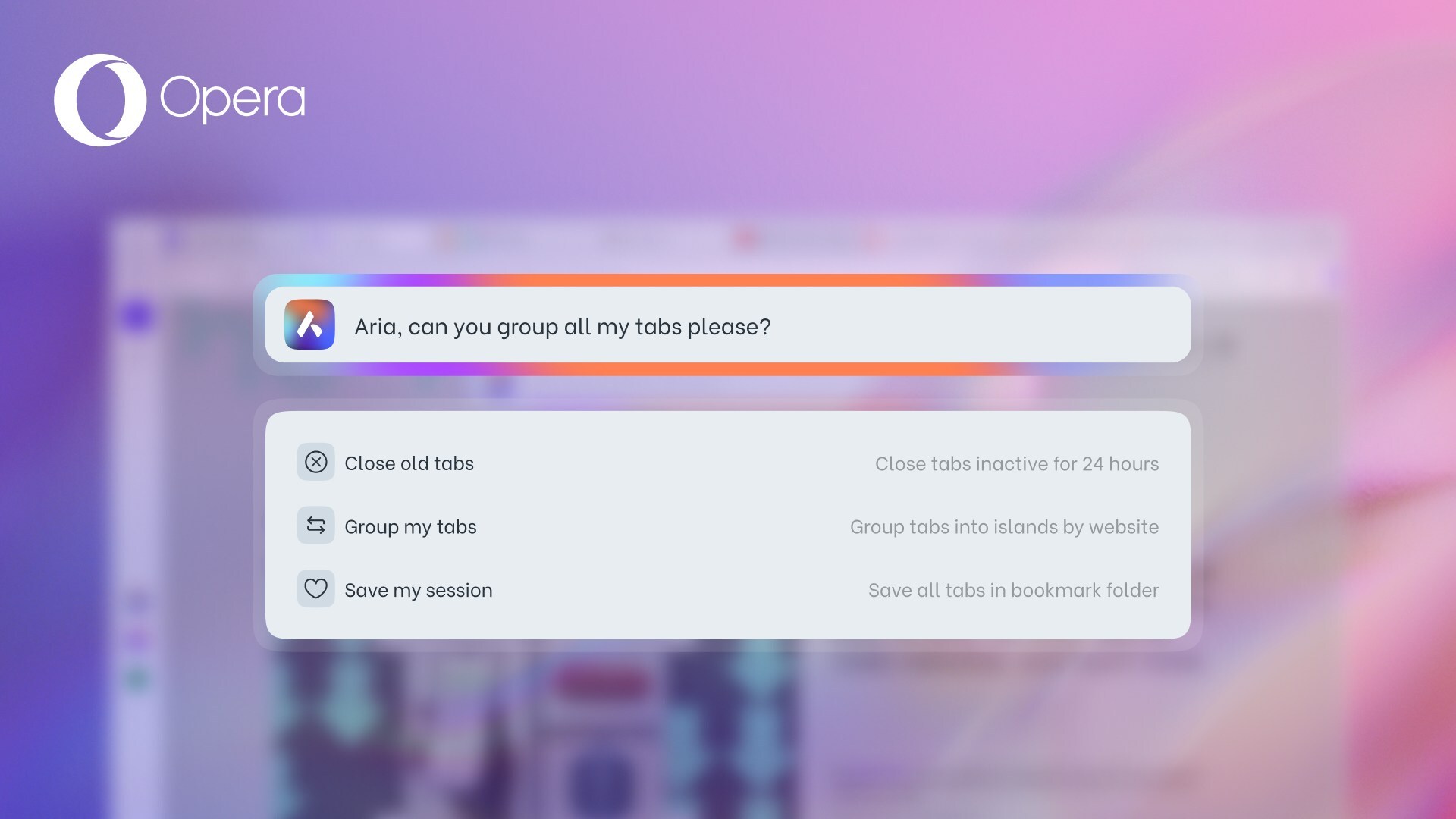 An Opera AI user asking Aria to group their tabs for them.