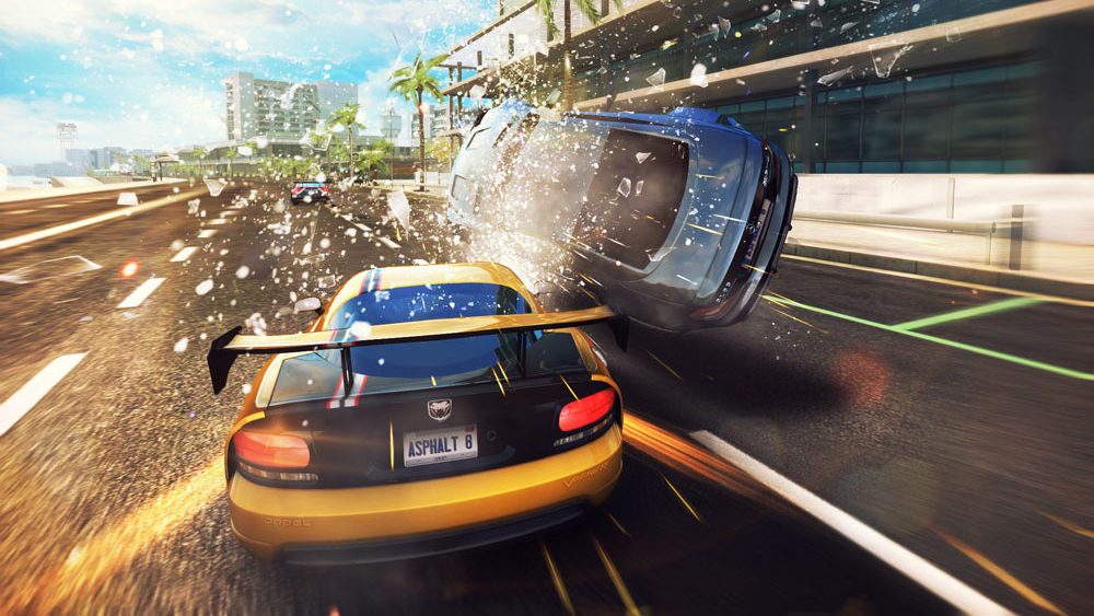 Asphalt 8 video game screen capture of two cars colliding at high speeds