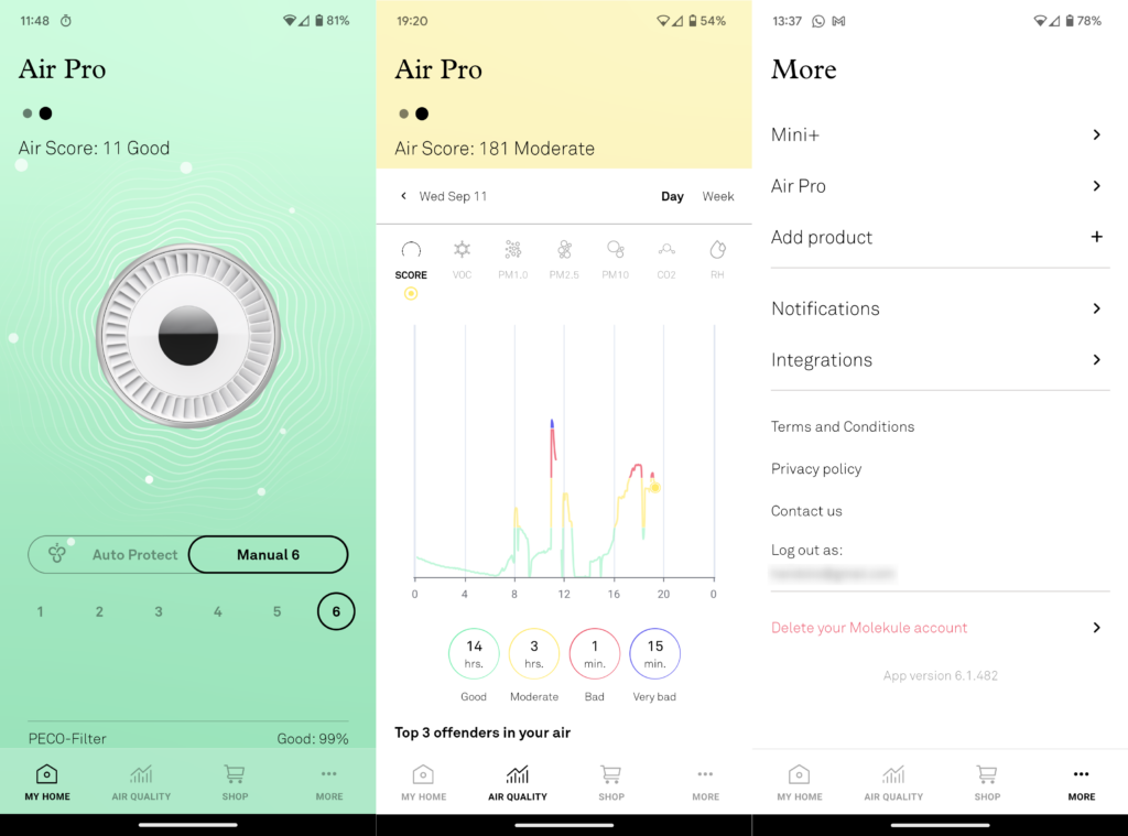 Collage of Android screenshots showing a good instantaneous air score, a historic reading with some bad and very bad peaks, then the lack of advanced options available