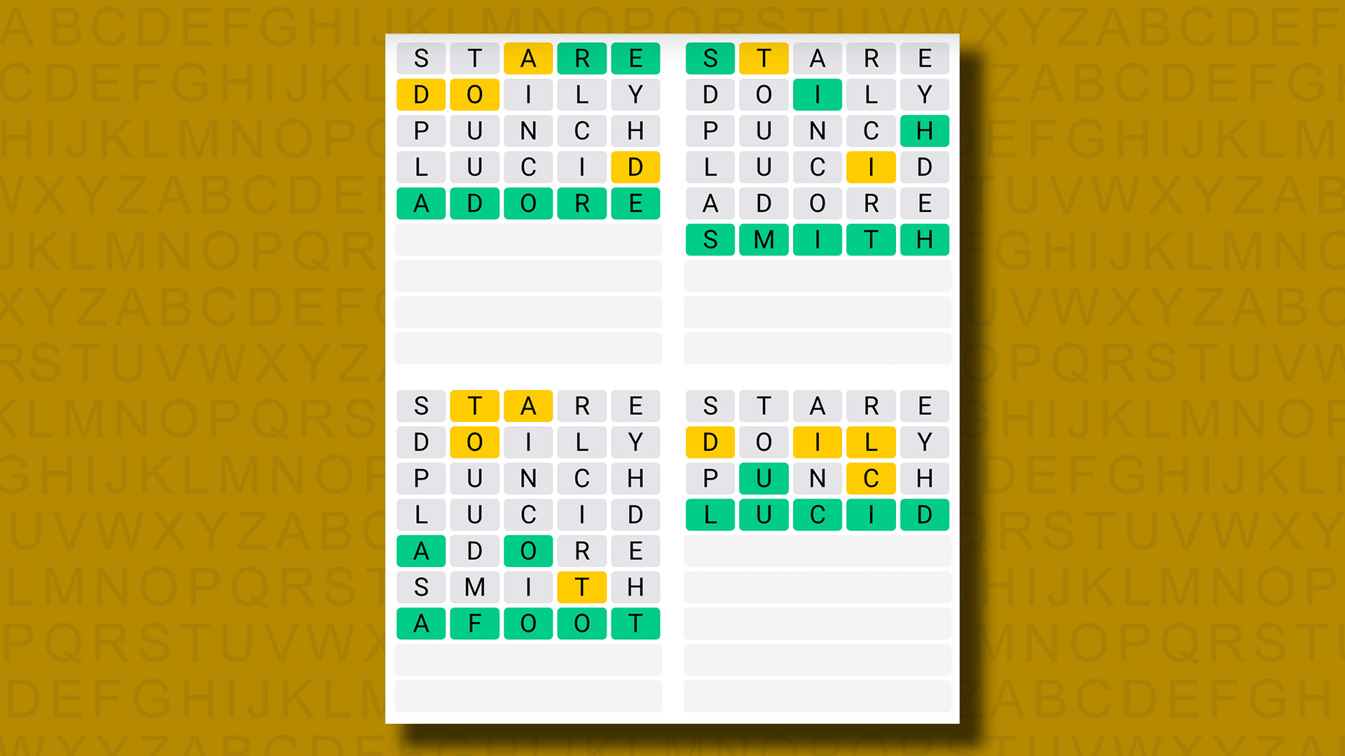 Quordle answers for game 1002 on a yellow background