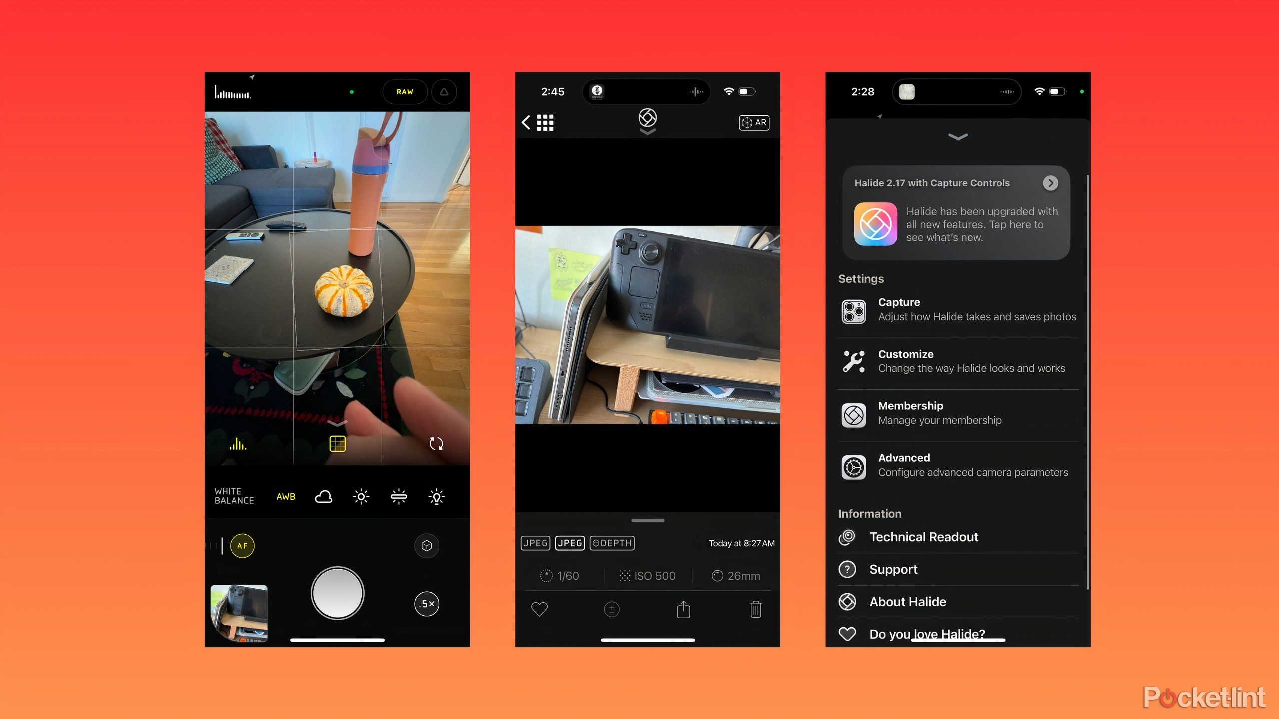 Three screenshots from Halide showing the camera view, gallery, and settings.