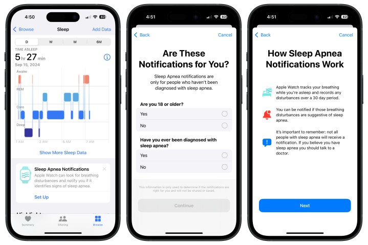 Screenshots of setting up the sleep apnea detection feature for the Apple Watch Series 10.
