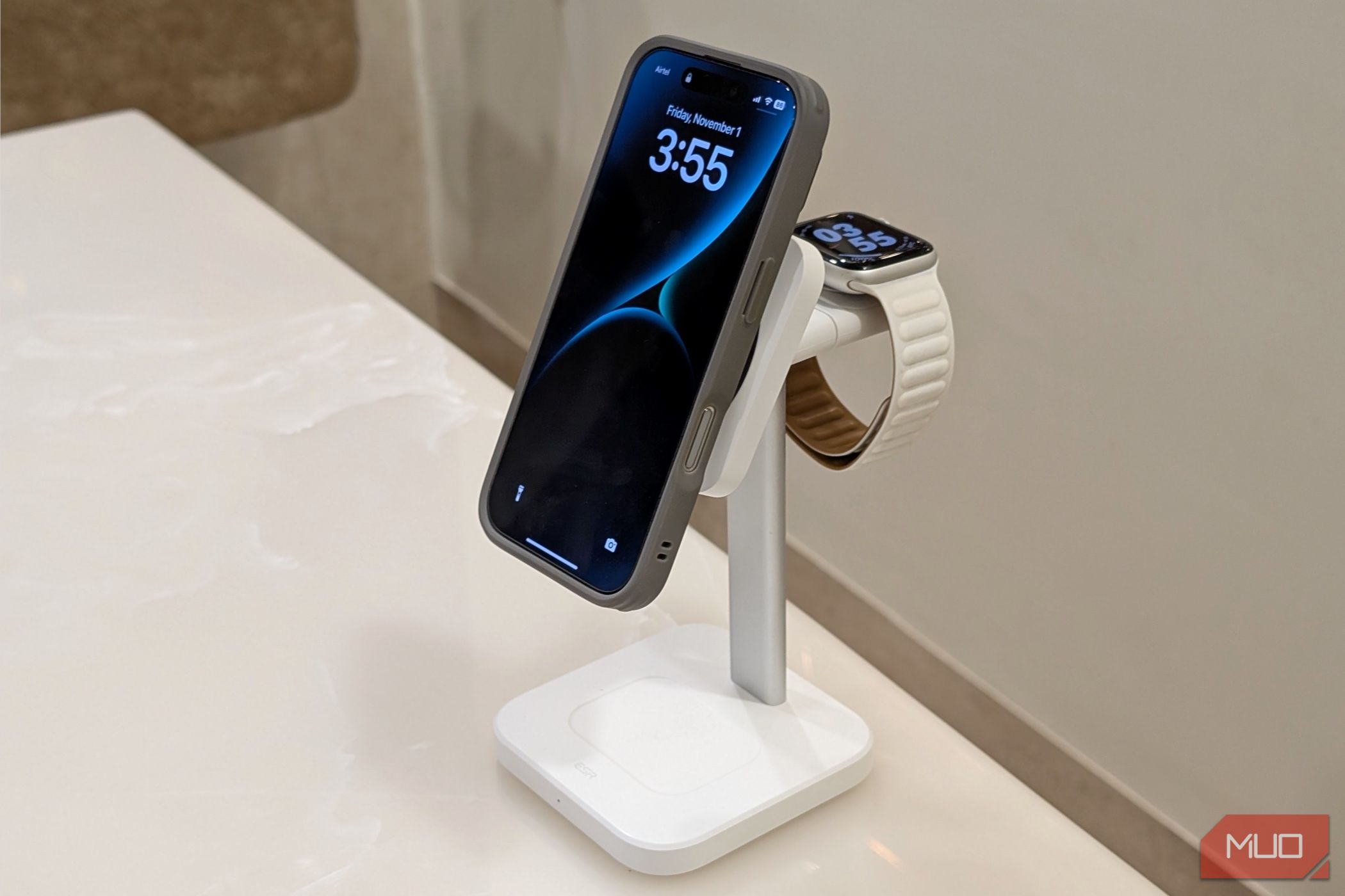 iPhone 16 Pro and an Apple Watch on ESR's 3-in-1 charging stand