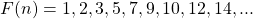 F(n)=1,2,3,5,7,9,10,12,14,...