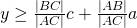 y\geq \frac{|BC|}{|AC|}c+\frac{|AB|}{|AC|}a