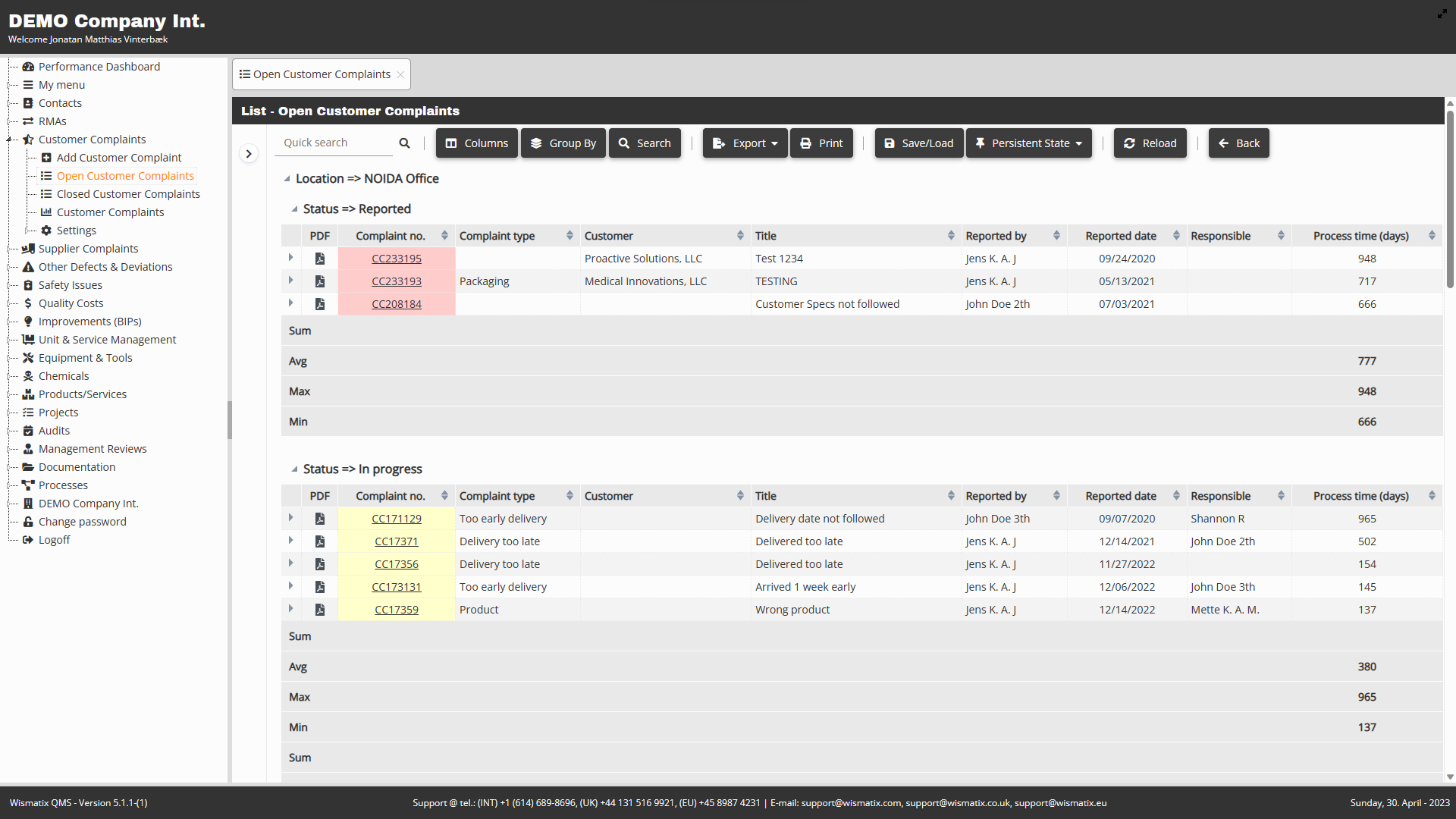 Wismatix QMS - Customer Complaints - Open Customer Complaints