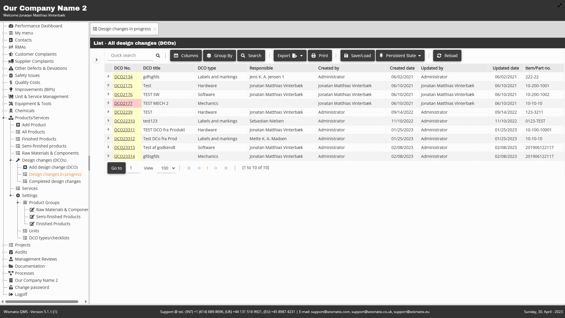 Wismatix QMS - Products - DCO - List Design Change Orders