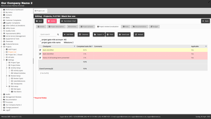 Wismatix QMS - Project - Edit Project - Review & Evaluation