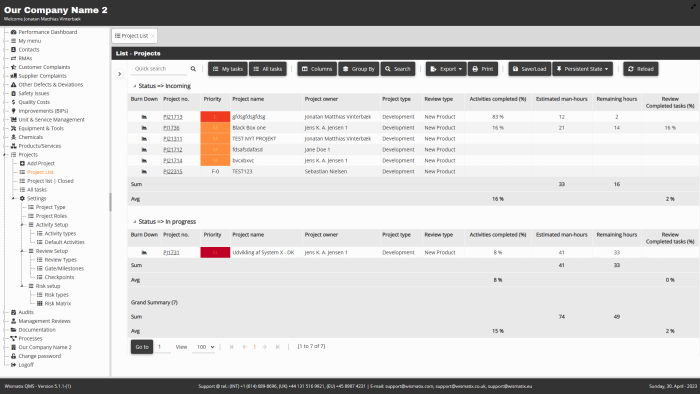 Wismatix QMS - Project - List Open Projects