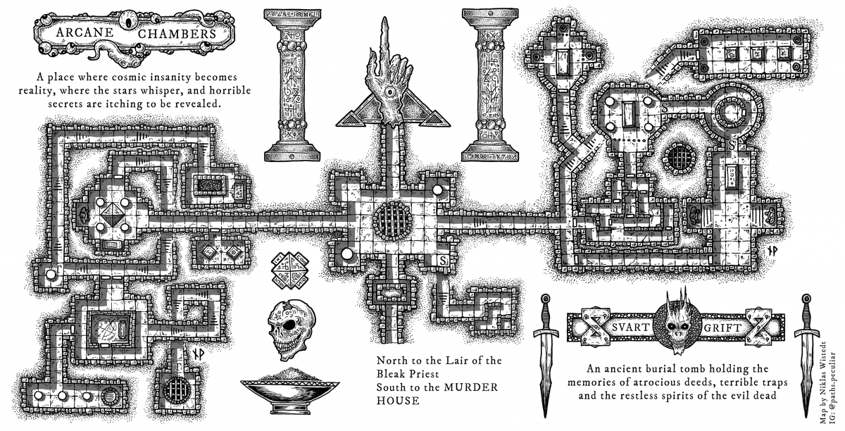 Dungeon map of arcane chambers and an ancient tomb