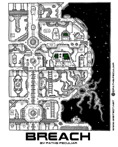 Vertical map of a space station and an alien monster breaching the hull