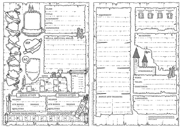 hand drawn character sheet for dungeons dragons paths peculiar
