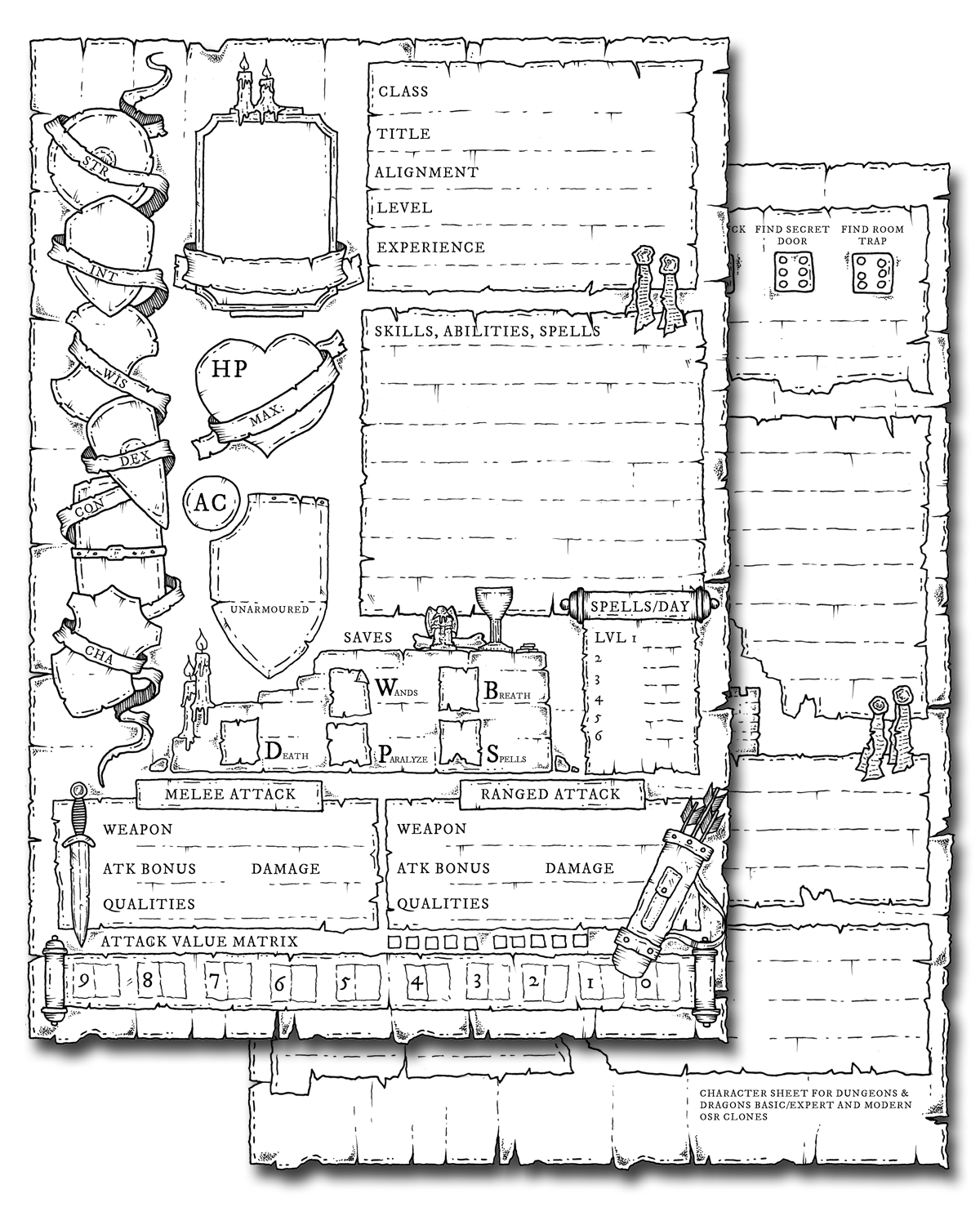 Hand-drawn character sheet for Dungeons & Dragons
