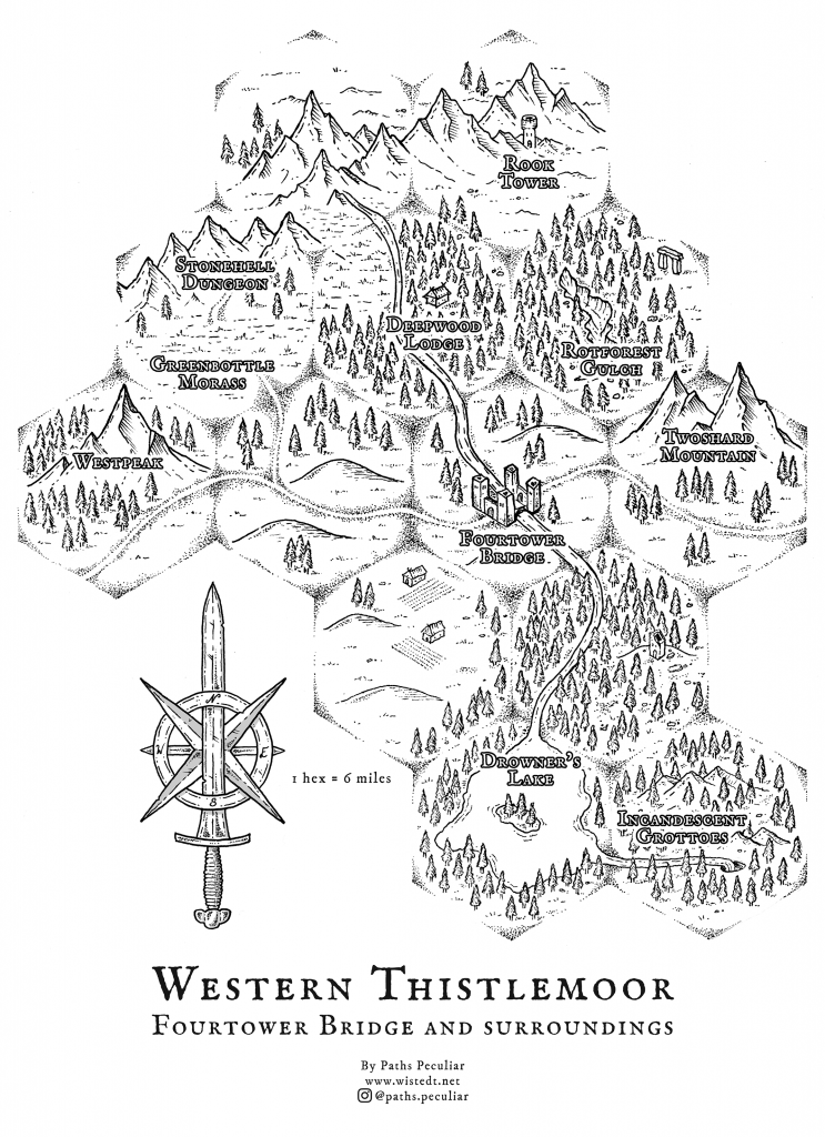 Overland hex map of Thistlemoor and Fourtower Bridge