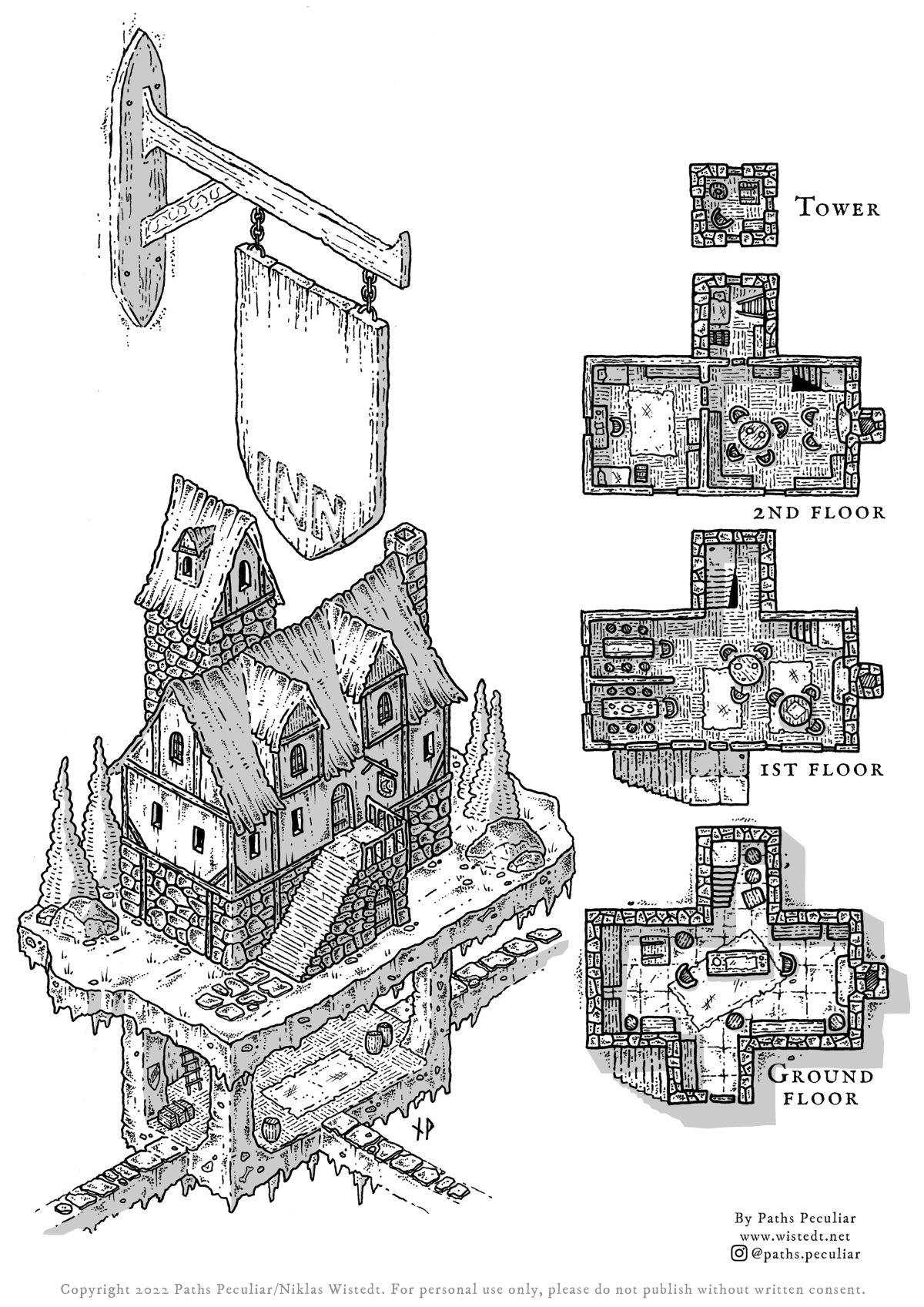 An isometric map and top down floor plans of a medieval fantasy inn