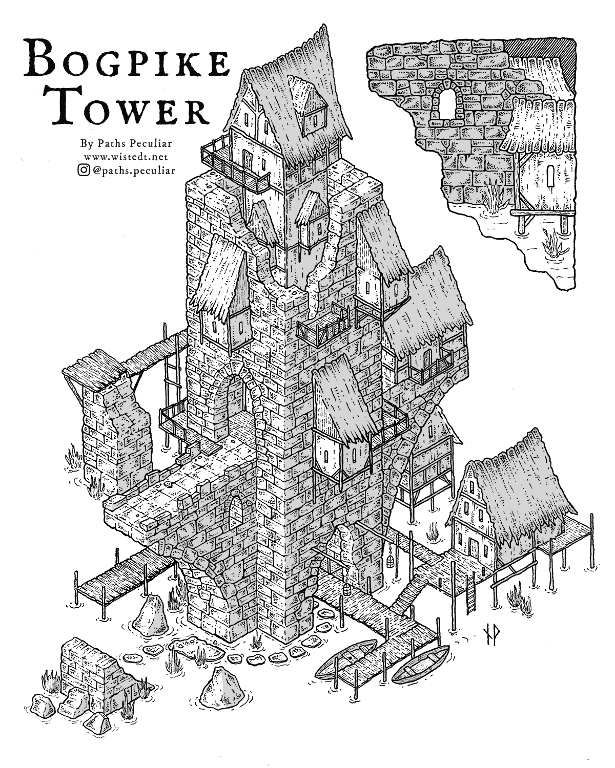 Isometric drawing of a tower in the swamp, with added buildings and huts.