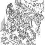 Hand drawn isometric dungeon map of the Temple of Rot