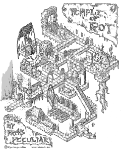 Hand drawn isometric dungeon map of the Temple of Rot