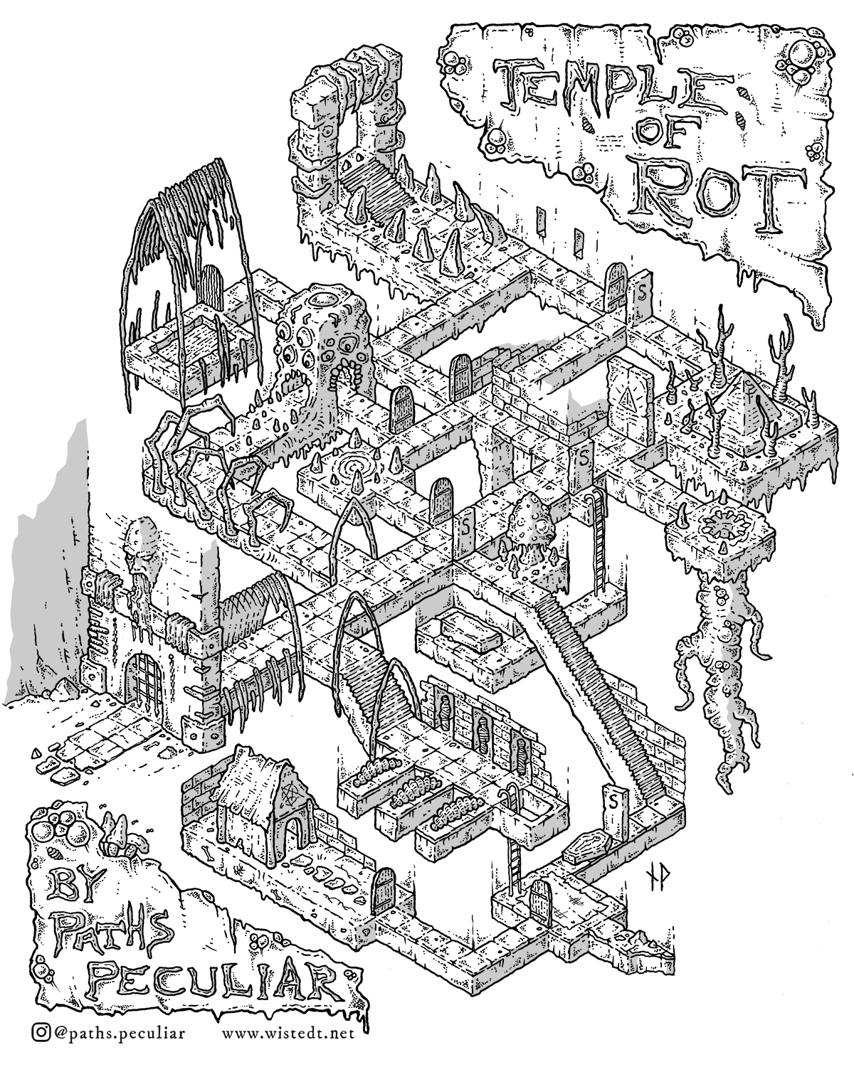 Hand drawn isometric dungeon map of the Temple of Rot